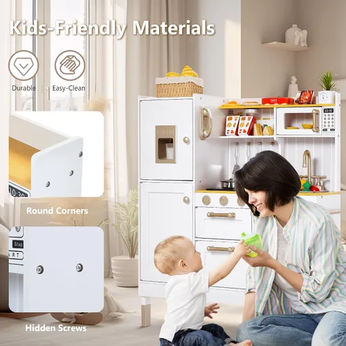 Miniatura 6 de Kinder King Cocina de madera para niños, juego de cocina para niños pequeños, juego de juguetes de cocina con sonidos reales, horno microondas