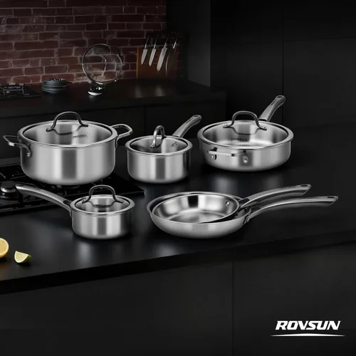 Miniatura 9 de ROVSUN - Juego de ollas y sartenes de acero inoxidable de 10 piezas, juego de ollas y sartenes de tres capas, juego de cocina no tóxico, libre
