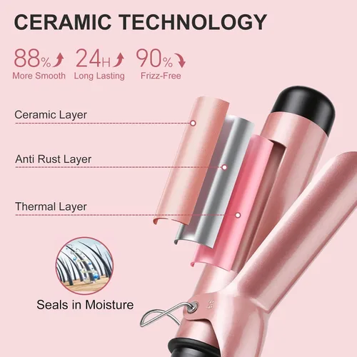 Miniatura 5 de Varita rizadora para cabello largo y corto, rizador de pelo de cerámica con temperatura ajustable de 14, estilizador de viaje de doble voltaje