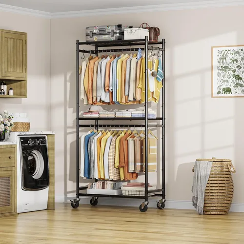 Miniatura 7 de Simple Trending Perchero de ropa de metal rodante con estantes y ruedas, perchero independiente con ganchos, organizador de armario portátil