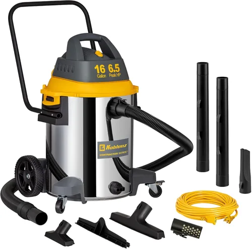 Koblenz Aspiradora de contratista en seco y húmedo, aspiradora de acero inoxidable con motor silencioso, potente aspiradora de 16 galones/6.5 HP,