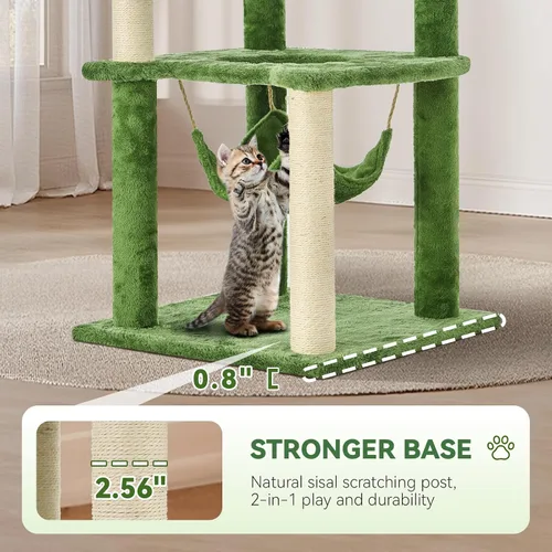 Miniatura 5 de Árbol para gatos de 61 pulgadas con hojas verdes, torre grande de varios niveles con hamaca, casa de felpa para gatos con juguete de bola colgante