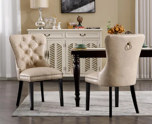 Miniatura 4 de EALSON Juego de 2 sillas de comedor modernas de cuero de mediados de siglo con patas de madera, sillas laterales de cocina tapizadas con ribete