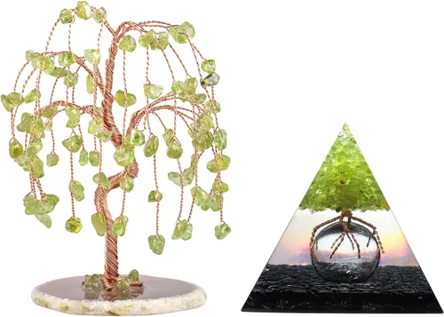mookaitedecor Paquete - 2 artículos: Árbol de dinero de cristal de peridoto con base de rodaja de ágata y pirámide de orgón de árbol de peridoto de