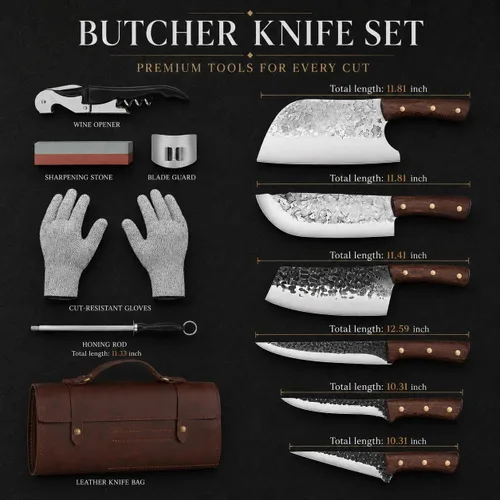 Miniatura 7 de DRAGON RIOT Juego de Cuchillos de Chef y Carnicero para Cortar Carne con Bolsa Enrollable, 12 PCS Juego de Cuchillos de Chef Forjados Japoneses
