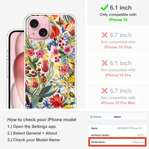 Miniatura 2 de MOSNOVO Funda para iPhone 15, grado militar, probada en caídas de 6.6 pies, transparente con diseño de jardín Claro - En El Jardín