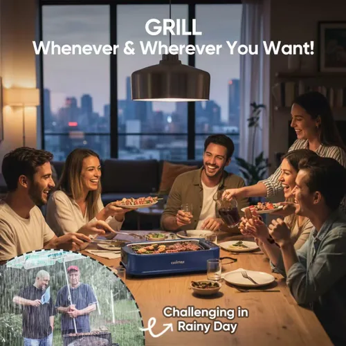 Miniatura 2 de Parrilla eléctrica para interiores CUSIMAX, parrilla coreana sin humo portátil con tecnología de extractor de humo turbo, placa extraíble y Azul
