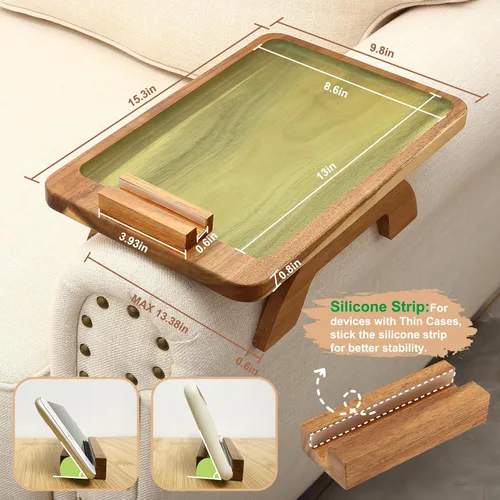 Miniatura 6 de SINWANT Mesa de Brazo para Sofá, Mesas de Reposabrazos de Sofá de Madera de Acacia, Mesa de Reposabrazos de Sofá con Soporte para Teléfono de 360°