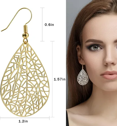 Miniatura 3 de 14K Gold Plated Silver Rose Gold Teardrop Filigree Dangle Earrings Lightweight Leaf Drop Earrings for Christmas Gift
