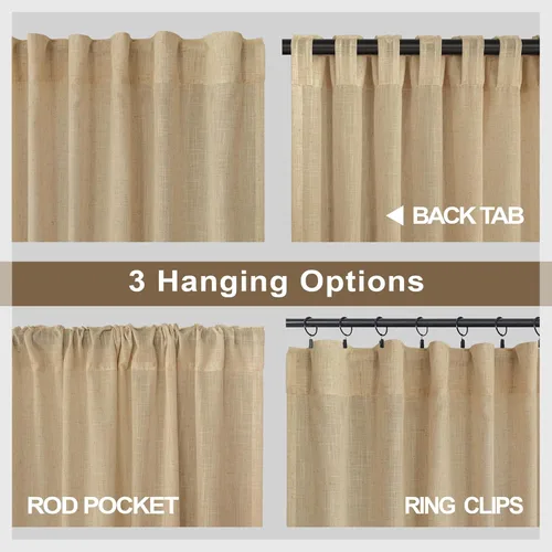 Miniatura 121 de Cortinas de lino gris claro, 2 paneles, presillas traseras, bolsillo para cortinero, semitraslúcidas, ahorran energía, estilo rústico, arpillera