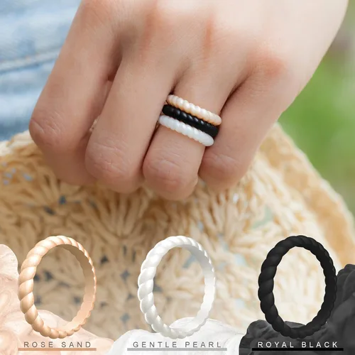 Miniatura 3 de ThunderFit - Anillos de matrimonio de silicona con diseño trenzado y delgado para mujer