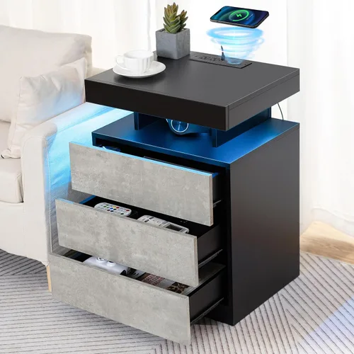 Miniatura 15 de HOMMPA Mesita de noche negra con estación de carga inalámbrica, mesita de noche de alto brillo con 3 cajones, mesa auxiliar con carga USB tipo C