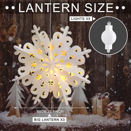 Miniatura 2 de Mudder 3 linternas de copo de nieve de papel de Navidad con 5 luces LED de 23.6 pulgadas, lámparas colgantes blancas 3D de copo de nieve