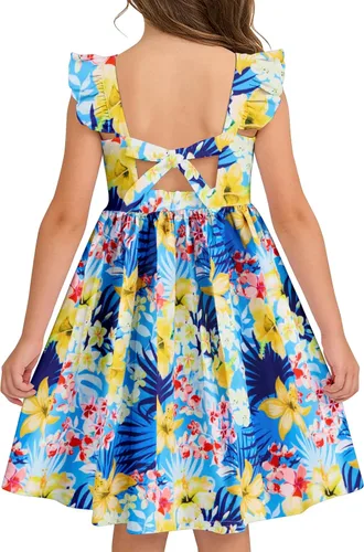 Miniatura 13 de Vieille Vestido de verano para niñas pequeñas, con volantes, manga corta, lindo vestido de sirena sin espalda para niños, vestido de playa casual
