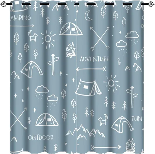 Miniatura 16 de Cortinas abstractas con estampado de cámper de caricaturas, divertido tema de aventura, campamento, montañas, vida silvestre, oso, tratamiento