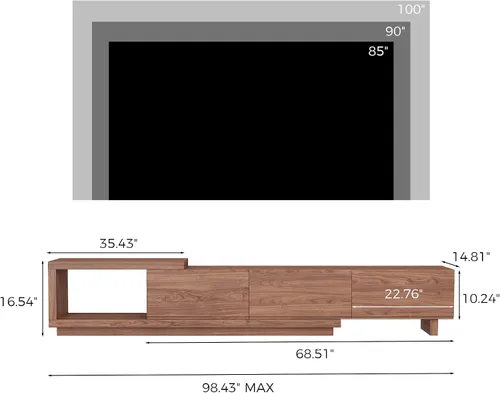 Miniatura 10 de Soporte de TV extensible para televisores de 65 a 100 pulgadas, consola de entretenimiento de nogal con 3 cajones y 1 compartimento