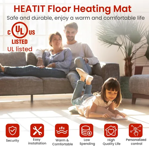 Miniatura 3 de Alfombra HEATIT Warmmat de 10 pies cuadrados, sistema de calefacción de calor radiante eléctrico autoadhesivo para piso & Termostato ET-72 & Monitor