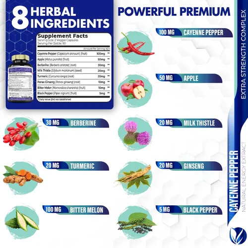 Miniatura 3 de Cápsulas de extracto de suplementos de pimienta de cayena, 180 cápsulas y berberina, manzana, curcumina de cúrcuma, melón amargo, ginseng, cardo
