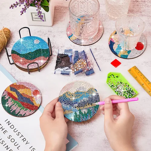 Miniatura 7 de 8 posavasos de pintura de diamantes para manualidades, paisaje, bricolaje, 5D, kit de pintura de diamante, posavasos brillantes con soporte