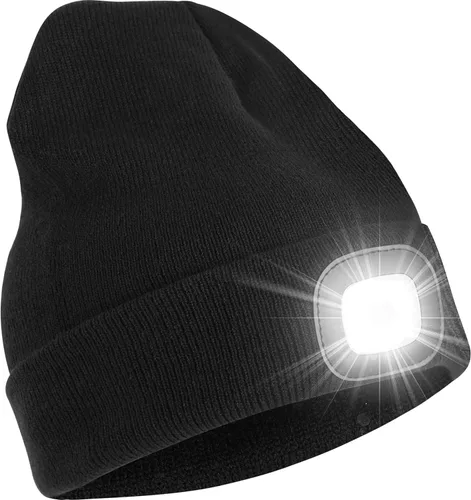 Gorro Unisex tipo Beanie con Luz, Gorro con Faro LED Recargable por USB, Gorro de Luz Nocturna, Rellenos para Calcetines Navideños para Adultos Negro