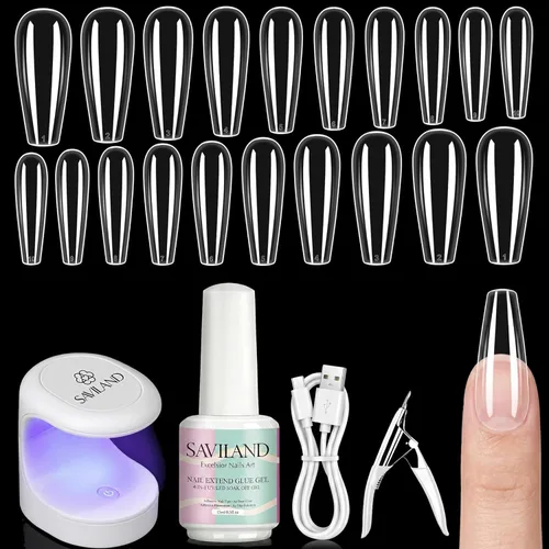 SAVILAND Juego de iniciación de kit de uñas de gel: gel de pegamento de uñas de 14 días y 500 puntas de uñas de alta transparencia para presionar en
