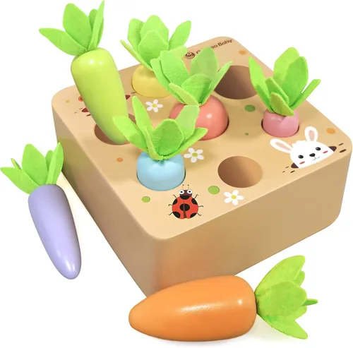 KMTJT Juguetes Montessori para niños pequeños de 1, 2 y 3 años, juego de cosecha de zanahoria Macron, juguetes de madera para bebés niños y niñas,