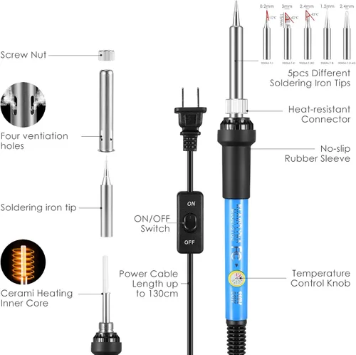 Miniatura 2 de Kit de soldador, temperatura ajustable 13 en 1 60 W, herramienta de soldadura electrónica con interruptor de encendido/apagado, 5 puntas