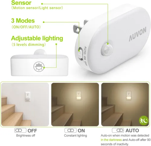 Miniatura 2 de AUVON Luz nocturna enchufable con sensor de movimiento (120 lúmenes), luces nocturnas LED inteligentes regulables, brillo de 1-120 lúmenes