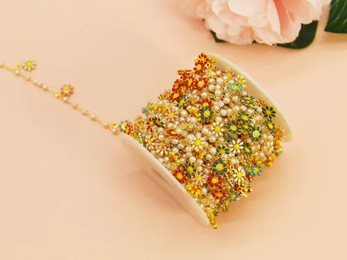 Miniatura 3 de Cadena de eslabones de girasol esmaltada hecha a mano con fornituras de latón chapado en oro para hacer joyas, máscara de vidrio, zapatos, Cc02