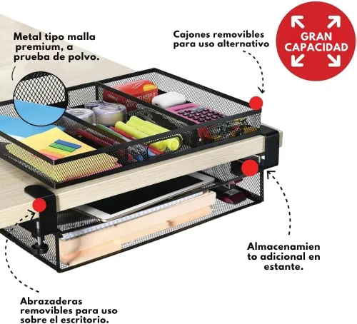 Miniatura 3 de Organizador de Cajones Debajo del Escritorio con Abrazadera, Accesorio de Malla Metálica, 1 Cajón Deslizante, Organizador para Escritorio o Debajo