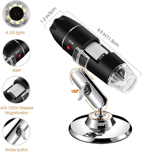 Miniatura 4 de Microscopio digital USB 40X a 1000X, cámara endoscopio de aumento de 8 LED con estuche de transporte y soporte de metal, compatible con Android