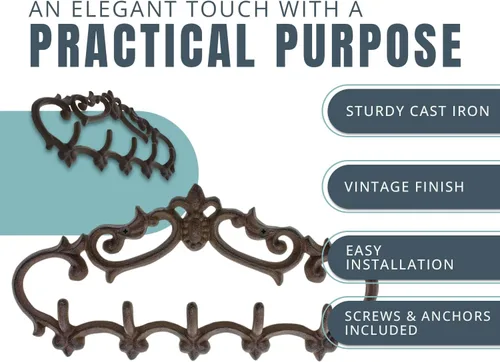 Miniatura 2 de Comfify Colgador de pared de hierro fundido, diseño vintage con 5 ganchos para llaves, toallas, batas y ropa, metal rústico resistente, 12.6 x 5.9