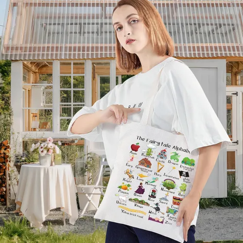 Miniatura 2 de LEVLO Bolsa de lona del alfabeto de cuento de hadas, princesa y villanos, regalo para fanáticos de las brujas, bolsa de hombro de princesa