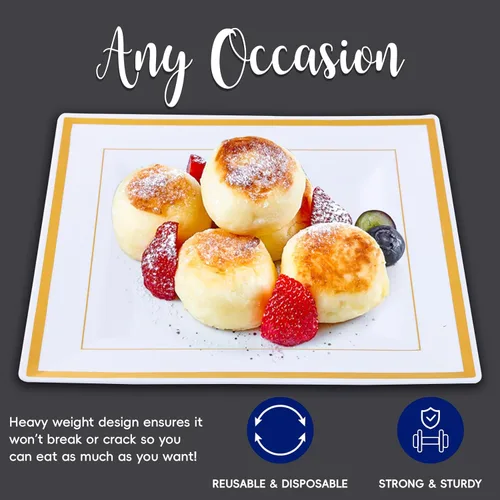 Miniatura 2 de JOLLY CHEF Paquete de 60 platos llanos de plástico, platos cuadrados de plástico dorado con elegante borde dorado de 9.5 pulgadas, desechables