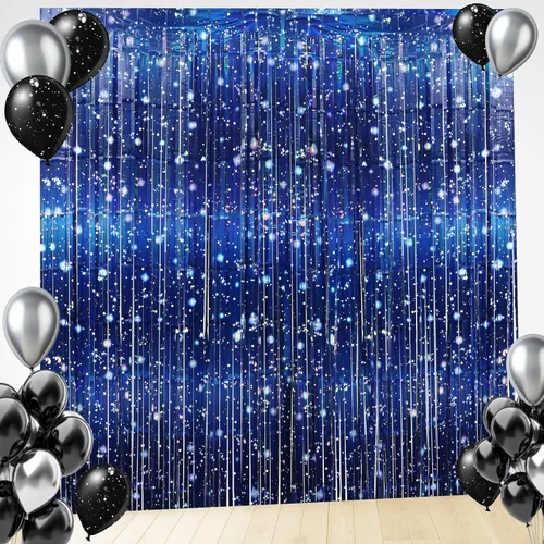 Tingjoo Paquete de 2 cortinas de papel de aluminio de galaxia para decoraciones de fiestas temáticas espaciales, cortinas de oropel iridiscente azul