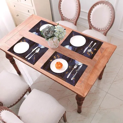 Miniatura 4 de 6 PCS PVC Placemats Set Place Mats Halloween Haunted Non-Slip Weave Place Mats 12" x 18" Farmhouse Table Mat Set for Family Dinners Wedding Parties