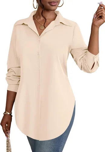 Miniatura 20 de Rooscier Blusa larga con cuello en V para mujer, manga larga, abertura lateral, con botones