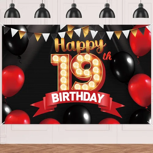 Miniatura 12 de FlagY-Bn-14 - Cartel de feliz cumpleaños número 14, decoración de pancarta negra, telón de fondo dorado, globos rojos y negros, decoración temática