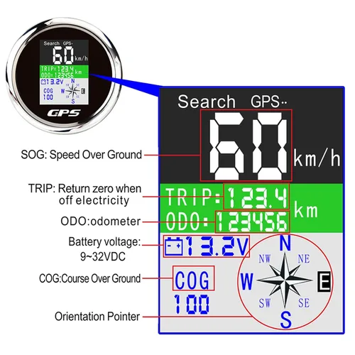 Miniatura 2 de Velocímetro GPS de 3-3/8" 85mm, Velocímetro GPS para embarcaciones, odómetro impermeable, antena negra, pantalla TFT, mph, nudos y km/h digitales