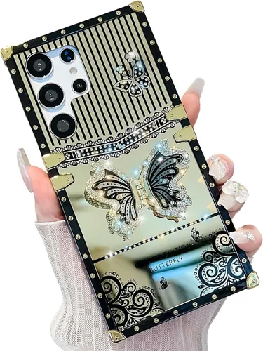 Miniatura 18 de Bonita funda compatible con Samsung Galaxy S22 Ultra, soporte plegable de lujo con diseño de mariposa brillante para mujeres y niñas, funda Blanco