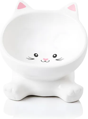 Cuencos elevados para gatos, cuenco de comida para gatos elevado 3D de cerámica de 4.9 pulgadas para fatiga de bigotes, cuenco inclinado para gatito