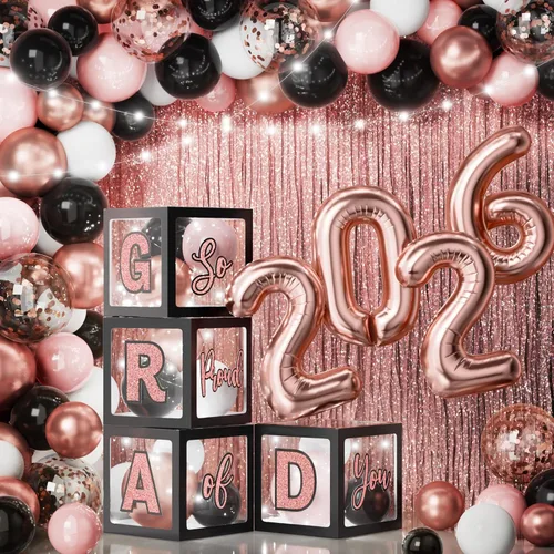 Miniatura 10 de Decoraciones de graduación 2026: 86 piezas de suministros de decoración para fiesta de graduación, incluye cuerdas de luz LED, cajas de bloque
