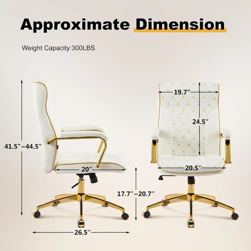 Miniatura 2 de Furniliving Silla de oficina blanca y dorada, sillas de oficina de cuero, silla de tocador ajustable con patas doradas y reposabrazos acolchado