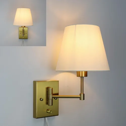 Miniatura 7 de SAMTEEN Juego de dos apliques de pared dorados enchufables de latón con brazo oscilante de latón con cable enchufable, luz de montaje en pared