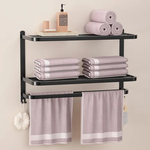 Miniatura 8 de Toalleros Negros de 15 Pulgadas para Baño con Barras Dobles para Toallas, Soporte de Montaje en Pared de Lavabo con Ganchos, Estante de Baño