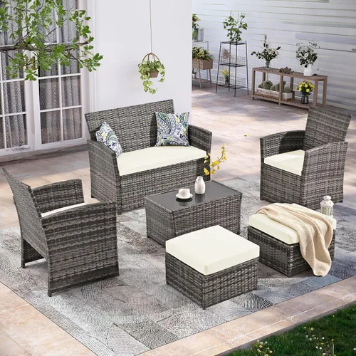 Juego de muebles de patio de 6 piezas, juego de conversación de mimbre para exteriores, sofá modular de ratán con mesa de centro de cristal y