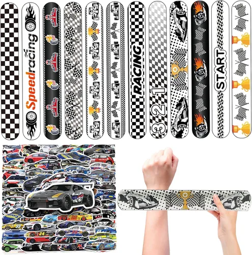 Juego de 74 piezas de recuerdos de fiesta de autos de carreras, 24 pulseras de carreras, 50 calcomanías de autos de carreras, pulseras y paquete de