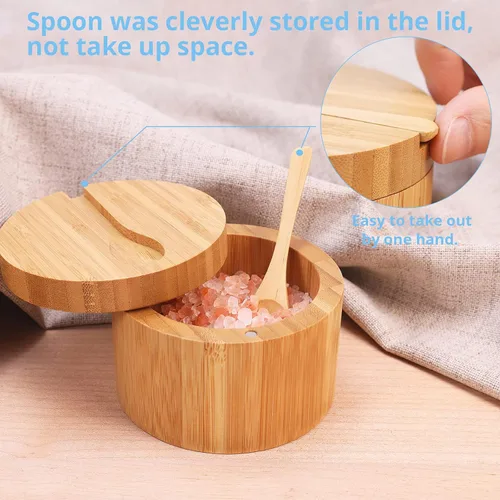 Miniatura 3 de HTB Salero de bambú con cuchara mini, caja de sal de cocina con tapa de cierre magnético giratoria, recipiente redondo de sal para guardar pimienta