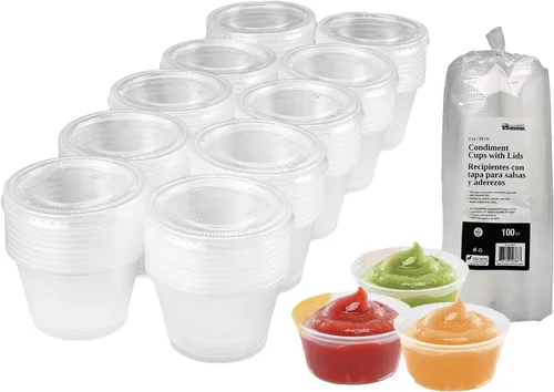 Vasos de condimento con tapas, 100 juegos por paquete: recipientes de plástico pequeños para aderezos de ensalada, salsa y gelatina en casa, trabajo