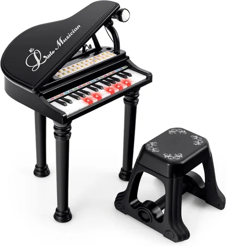 Miniatura 11 de Costzon Piano para niños, mini teclado de juguete de piano de cola de 31 teclas con micrófono, taburete y luces, piano electrónico portátil, juguete